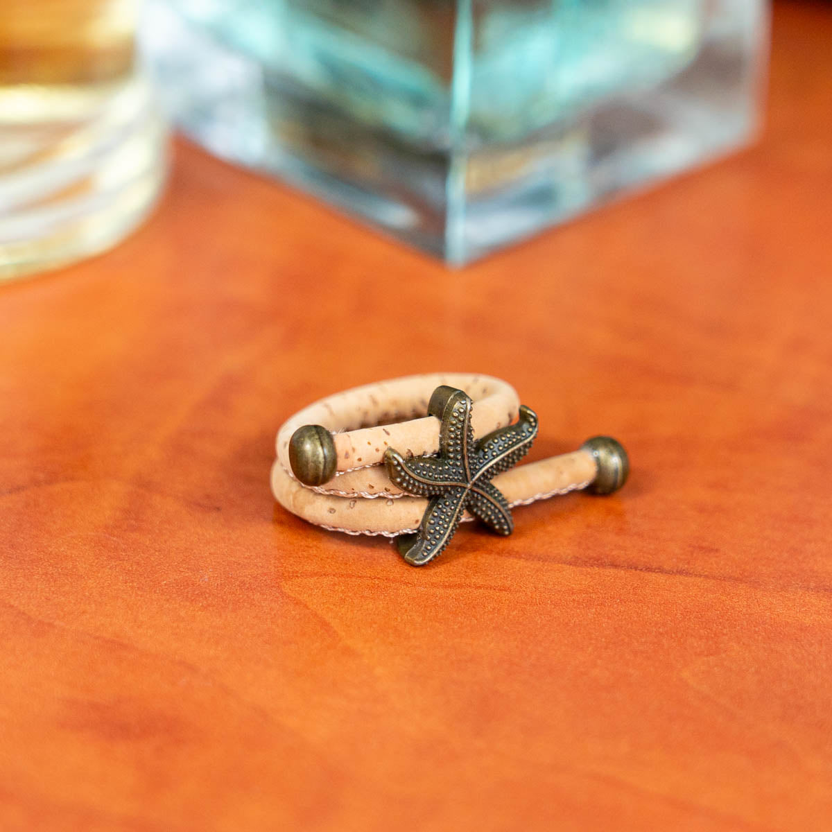 Handcrafted women's ring with natural cork cord and bronze starfish alloy hardware  RW-042