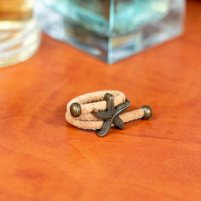 Handcrafted women's ring with natural cork cord and bronze starfish alloy hardware  RW-042