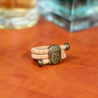 Natural cork cord and bronze Buddha head alloy hardware handmade women's ring  RW-043-A-10