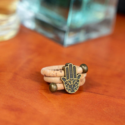Natural cork cord and bronze Hand of Fatima alloy hardware handmade women's ring  RW-047-A-10
