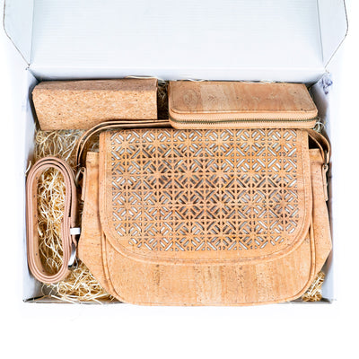 Natural Cork Product Christmas Gift Box, Featuring a Ladies' Crossbody Bag and Wallet with Bonus Cork Sunglasses+Case and Belt GIFT-01