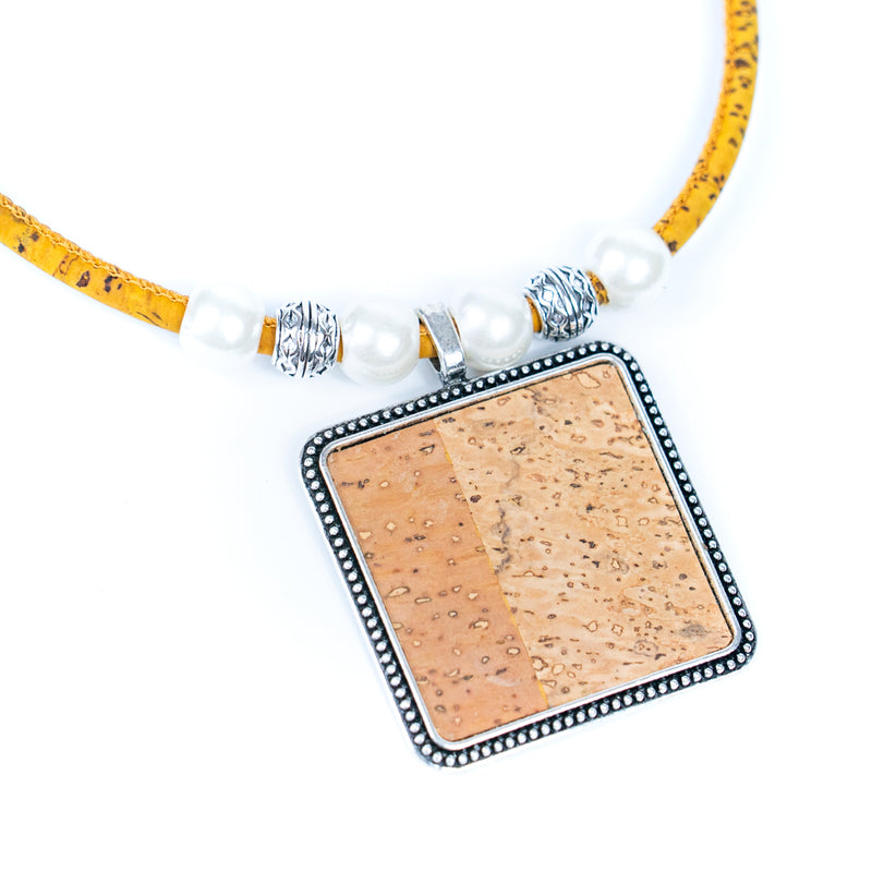 Handmade necklace for women with colored cork cord and natural cork fabric hangtag N-303-MIX-5