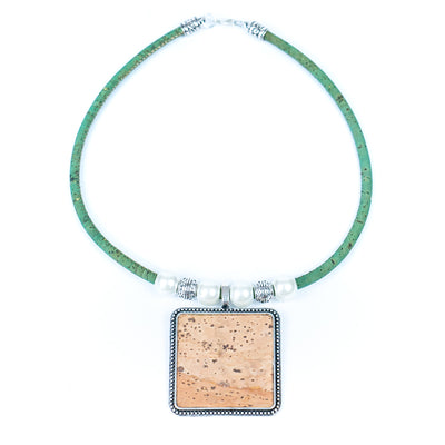 Handmade necklace for women with colored cork cord and natural cork fabric hangtag N-303-MIX-5