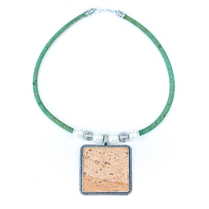 Handmade necklace for women with colored cork cord and natural cork fabric hangtag N-303-MIX-5