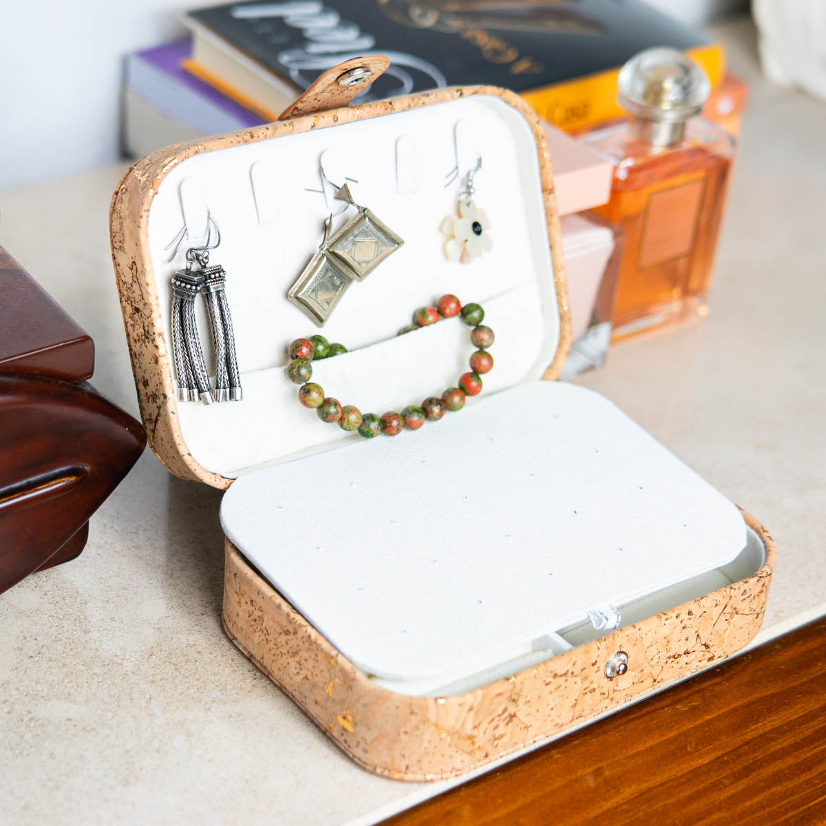 Natural/Golden/Patterned Cork Jewelry Storage Rectangular Box L-1014