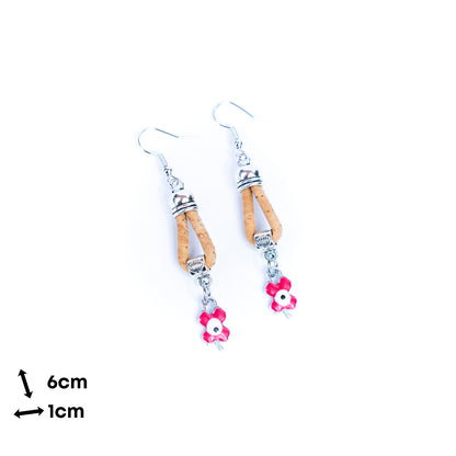 natural cork cord and Pink four-leaf clover pendant handmade earrings-ER-173-5