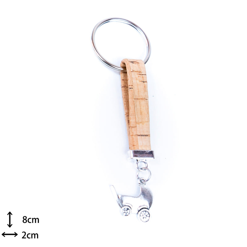 Natural colored cork cord and cute stroller pendant handmade keychain I-088-MIX-10