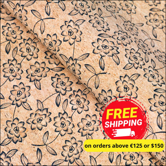 Baroque Elegance: Black Flowers Pattern Cork Fabric Cof-503 Cork Fabric