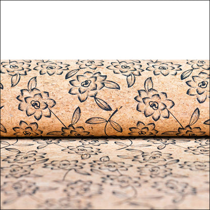 Baroque Elegance: Black Flowers Pattern Cork Fabric Cof-503 Cork Fabric