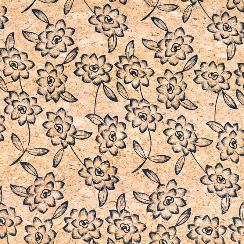 Baroque Elegance: Black Flowers Pattern Cork Fabric Cof-503 Cork Fabric
