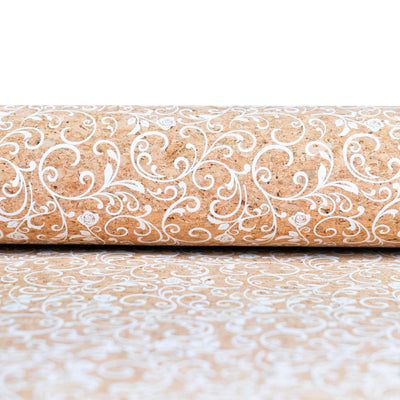Baroque Elegance: White Scrollwork And Rose Pattern Cork Fabric Cof-508 Cork Fabric