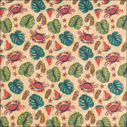 Beach Vibes: Palm Leaves Slippers Crabs Watermelon Pattern Cork Fabric COF-790 1/2M (138*50 cm / 54*19 inches) cork