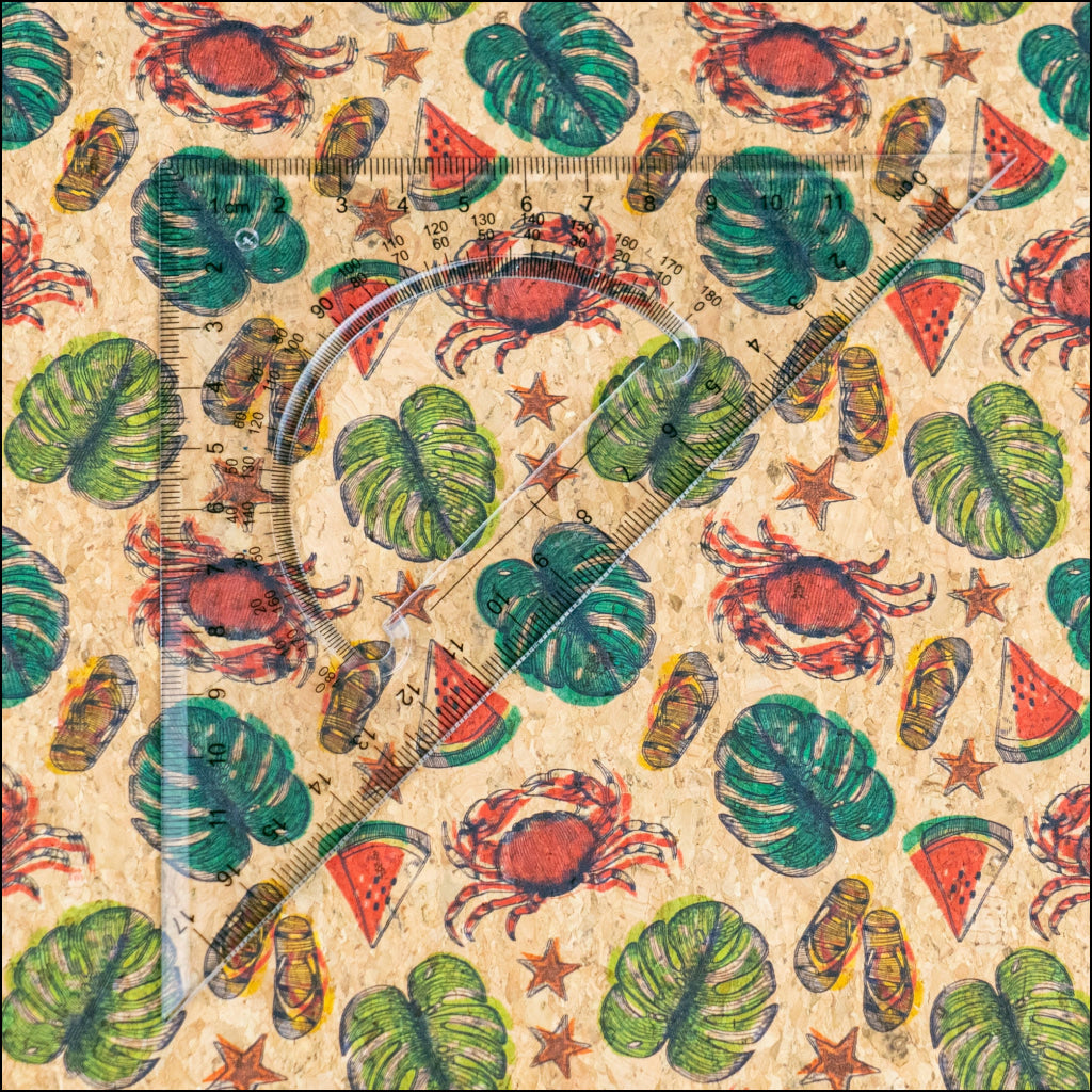 Beach Vibes: Palm Leaves Slippers Crabs Watermelon Pattern Cork Fabric COF-790 1/2M (138*50 cm / 54*19 inches) cork