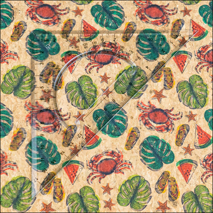 Beach Vibes: Palm Leaves Slippers Crabs Watermelon Pattern Cork Fabric COF-790 1/2M (138*50 cm / 54*19 inches) cork