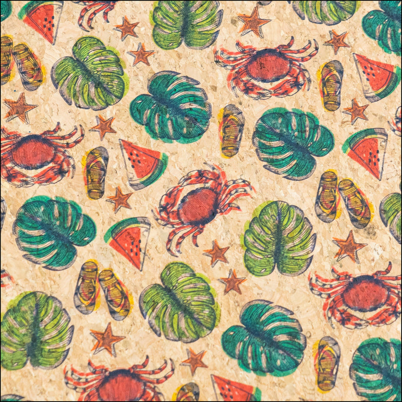 Beach Vibes: Palm Leaves Slippers Crabs Watermelon Pattern Cork Fabric COF-790 1/2M (138*50 cm / 54*19 inches) cork