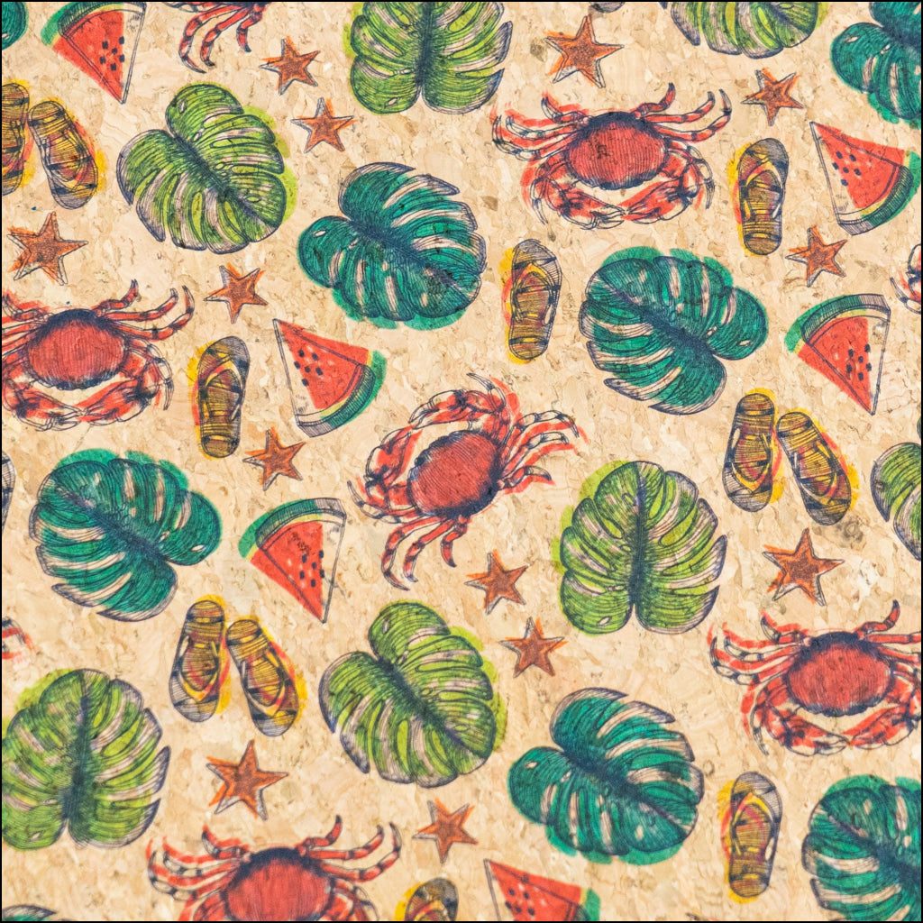 Beach Vibes: Palm Leaves Slippers Crabs Watermelon Pattern Cork Fabric COF-790 1/2M (138*50 cm / 54*19 inches) cork