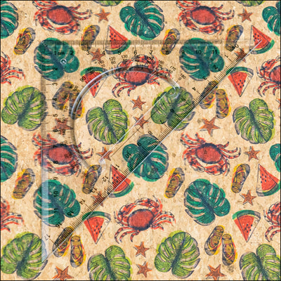Beach Vibes: Palm Leaves Slippers Crabs Watermelon Pattern Cork Fabric COF-790 1/2M (138*50 cm / 54*19 inches) cork