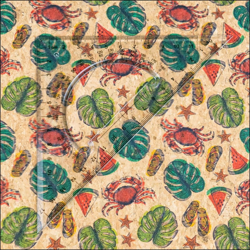Beach Vibes: Palm Leaves Slippers Crabs Watermelon Pattern Cork Fabric COF-790 1/2M (138*50 cm / 54*19 inches) cork