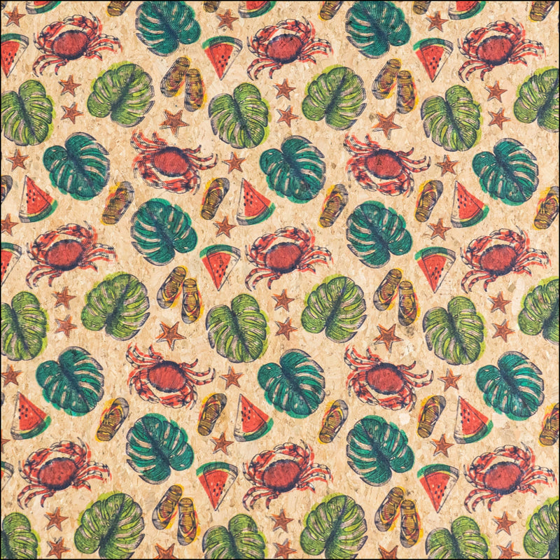 Beach Vibes: Palm Leaves Slippers Crabs Watermelon Pattern Cork Fabric COF-790 1/2M (138*50 cm / 54*19 inches) cork