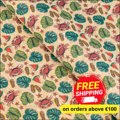 Beach Vibes: Palm Leaves Slippers Crabs Watermelon Pattern Cork Fabric COF-790 1/2M (138*50 cm / 54*19 inches) cork