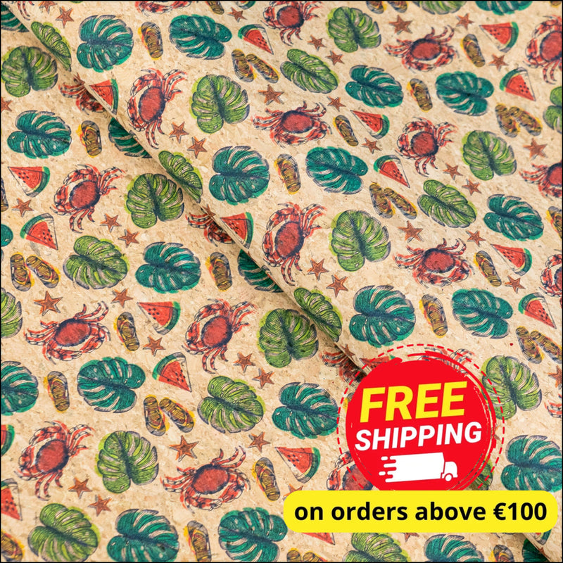 Beach Vibes: Palm Leaves Slippers Crabs Watermelon Pattern Cork Fabric COF-790 1/2M (138*50 cm / 54*19 inches) cork