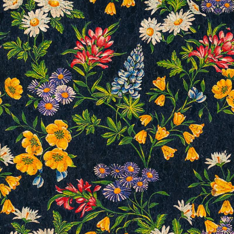 Black Cork Fabric with Multicolor Floral Print COF-670 cork fabric