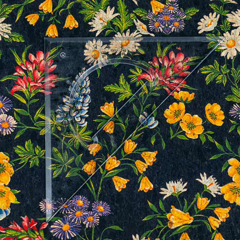Black Cork Fabric with Multicolor Floral Print COF-670 cork fabric