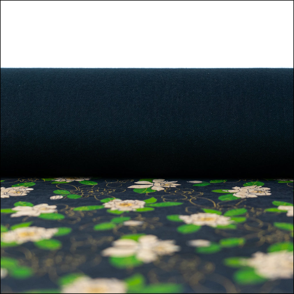 Black Cork Fabric with White Floral Print COF-667 cork fabric