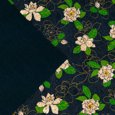 Black Cork Fabric with White Floral Print COF-667 cork fabric