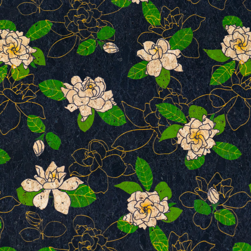 Black Cork Fabric with White Floral Print COF-667 cork fabric