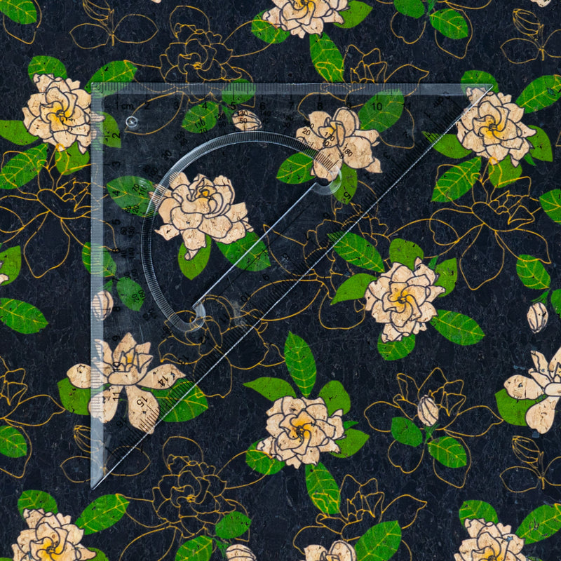Black Cork Fabric with White Floral Print COF-667 cork fabric