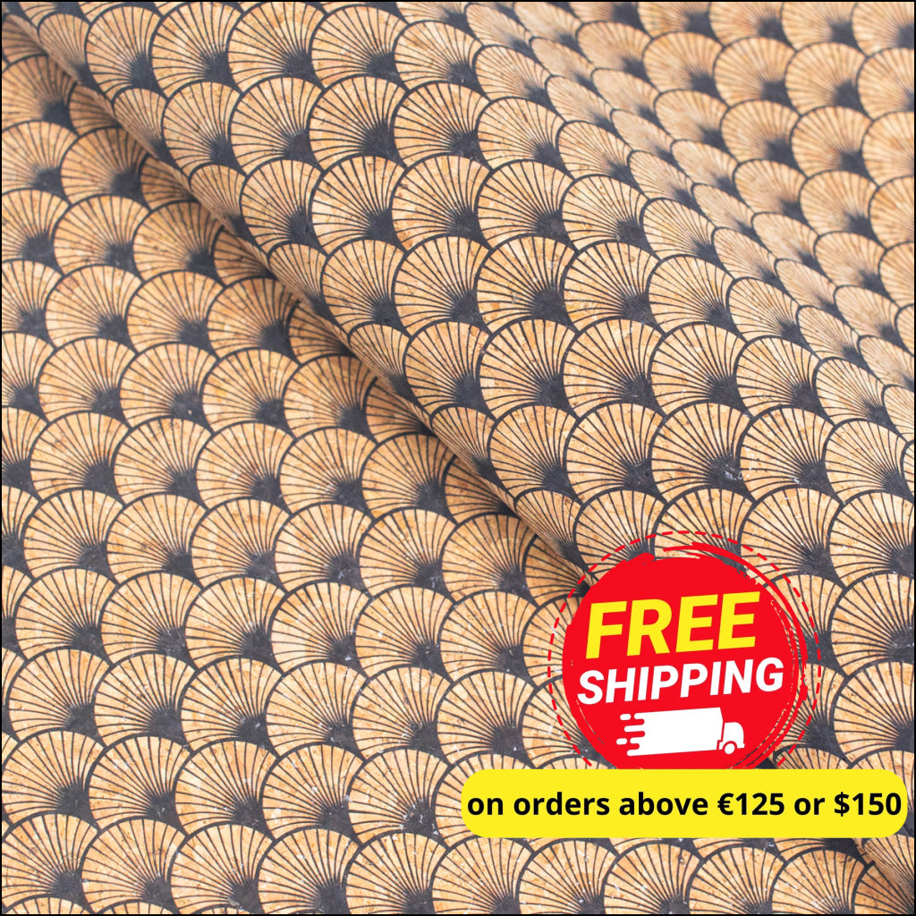 Black Fan Leaf Patterned Cork Fabric Cof-415-A Cork Fabric