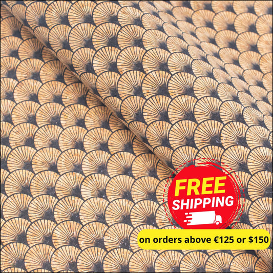 Black Fan Leaf Patterned Cork Fabric Cof-415-A Cork Fabric