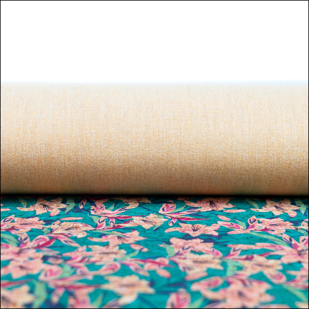 Blue Background With Pink Trumpet Flower Print Cork Fabric Beige Back 0.86Mm Thickness Cof-538 Cork