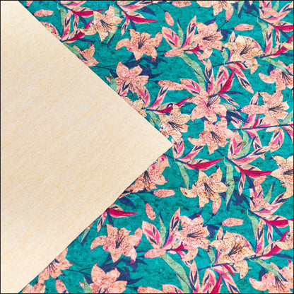 Blue Background With Pink Trumpet Flower Print Cork Fabric Beige Back 0.86Mm Thickness Cof-538 Cork