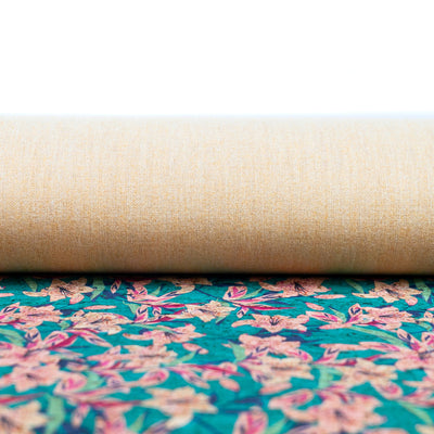 Blue Background With Pink Trumpet Flower Print Cork Fabric Beige Back 0.86Mm Thickness Cof-538 Cork