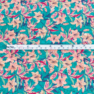 Blue Background With Pink Trumpet Flower Print Cork Fabric Beige Back 0.86Mm Thickness Cof-538 Cork