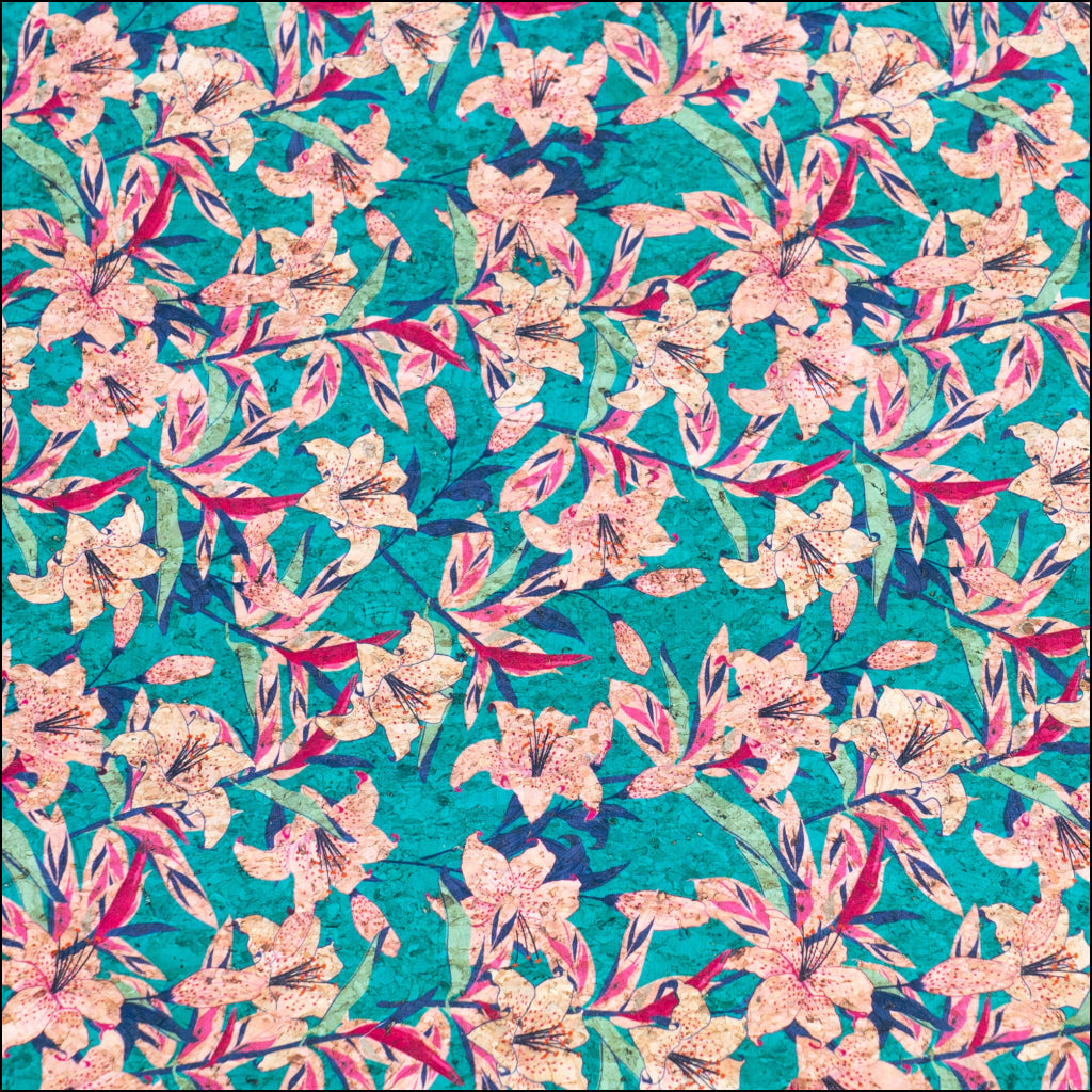 Blue Background With Pink Trumpet Flower Print Cork Fabric Beige Back 0.86Mm Thickness Cof-538 Cork