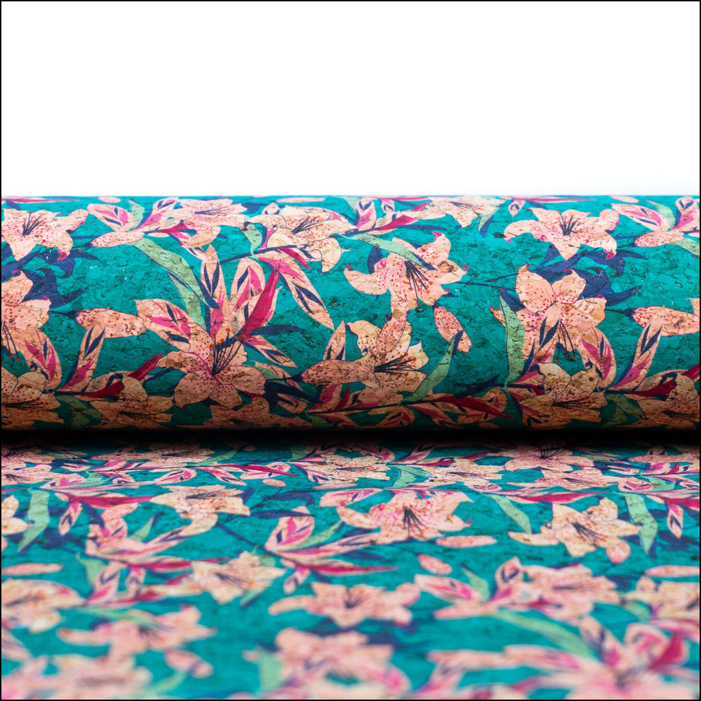 Blue Background With Pink Trumpet Flower Print Cork Fabric Beige Back 0.86Mm Thickness Cof-538 Cork