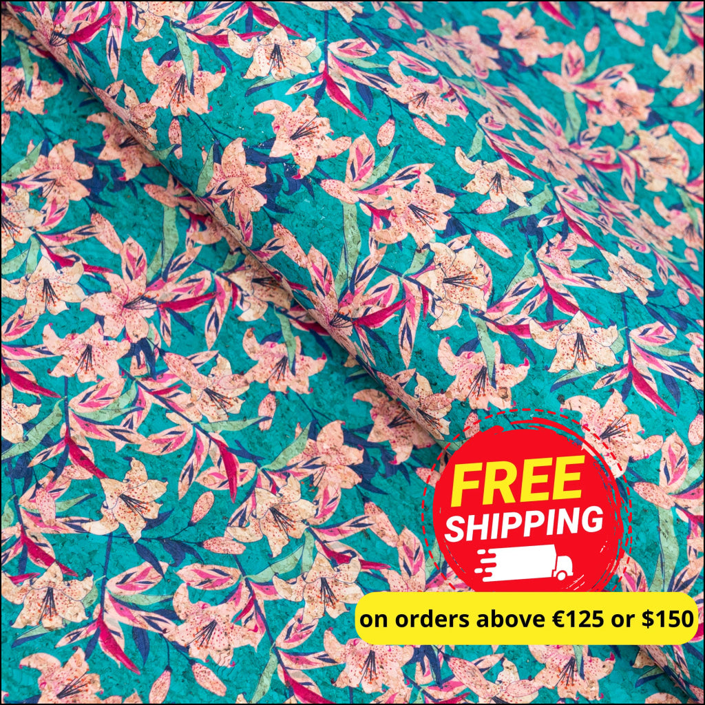 Blue Background With Pink Trumpet Flower Print Cork Fabric Beige Back 0.86Mm Thickness Cof-538 Cork