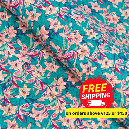 Blue Background With Pink Trumpet Flower Print Cork Fabric Beige Back 0.86Mm Thickness Cof-538 Cork