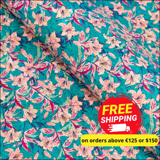 Blue Background With Pink Trumpet Flower Print Cork Fabric Beige Back 0.86Mm Thickness Cof-538 Cork