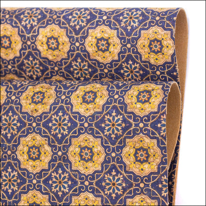 Blue Tile Azuleijo Style Pattern Natural Cork Fabric Cof-402