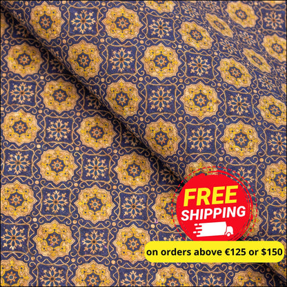 Blue Tile Azuleijo Style Pattern Natural Cork Fabric Cof-402