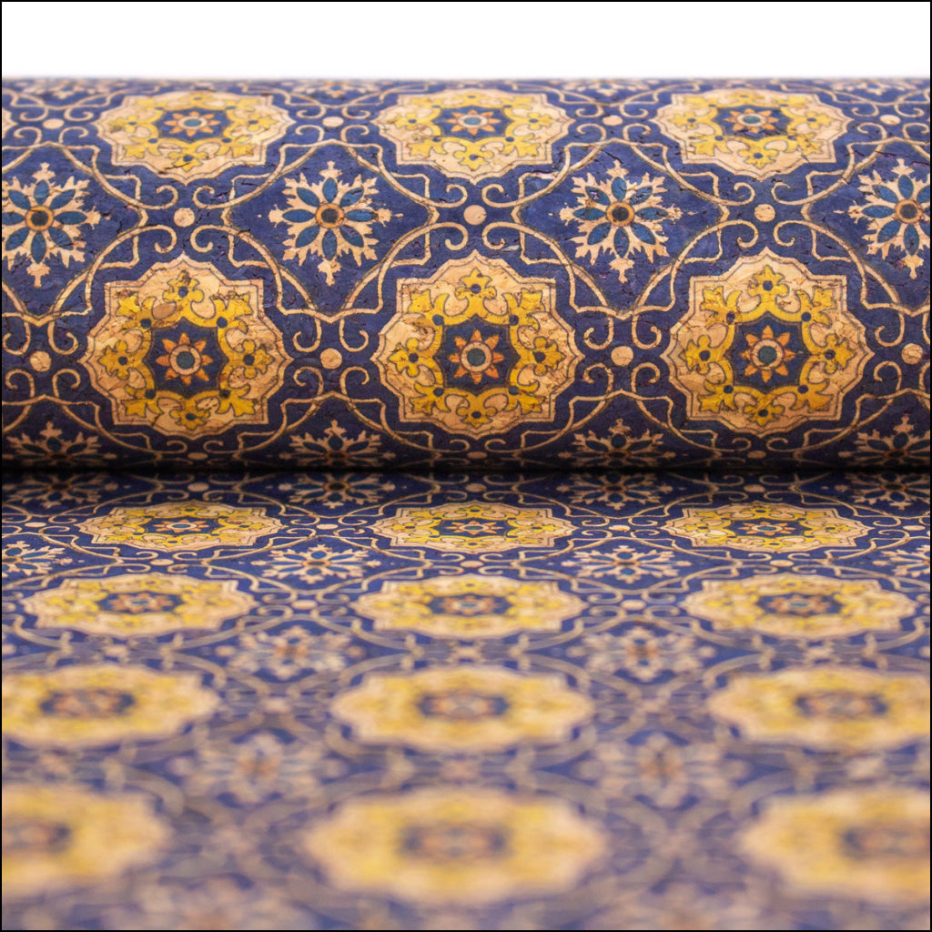 Blue Tile Azuleijo Style Pattern Natural Cork Fabric Cof-402