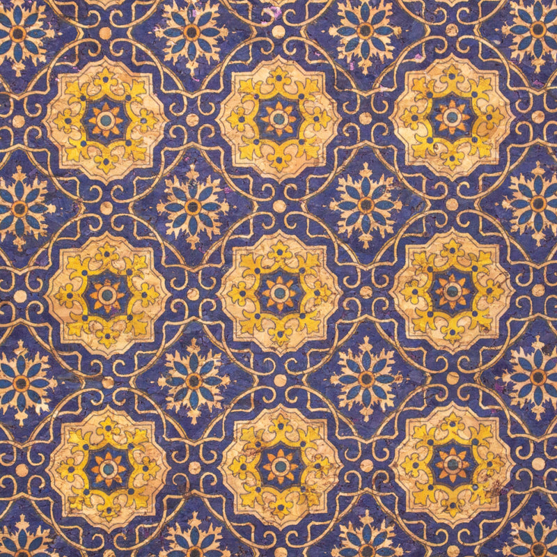 Blue Tile Azuleijo Style Pattern Natural Cork Fabric Cof-402