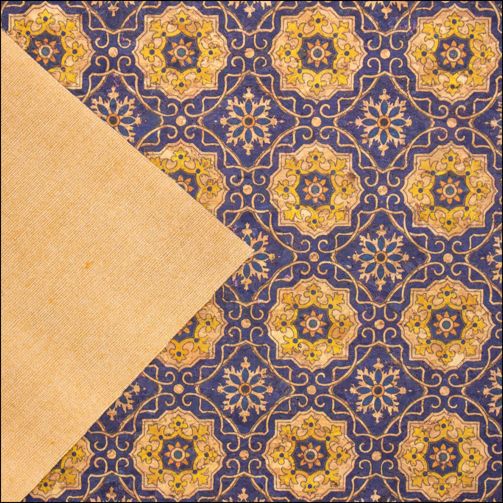 Blue Tile Azuleijo Style Pattern Natural Cork Fabric Cof-402