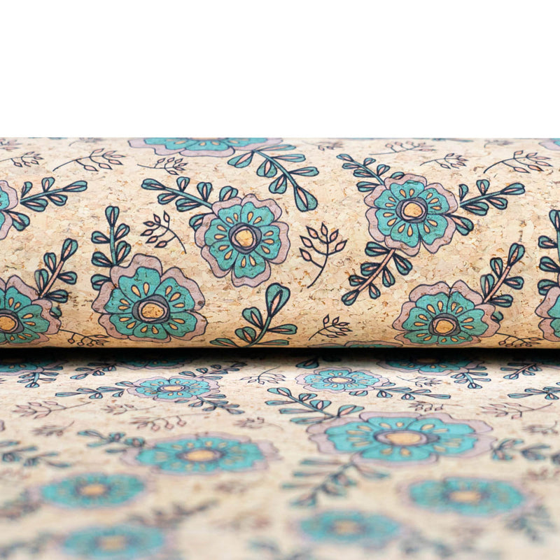 Botanical Elegance: Teal And Green Floral Pattern On Cork Fabric Cof-506 Cork Fabric