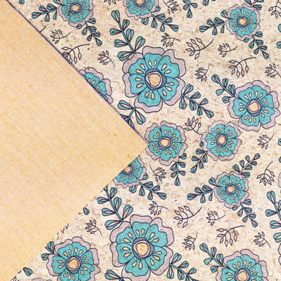 Botanical Elegance: Teal And Green Floral Pattern On Cork Fabric Cof-506 Cork Fabric
