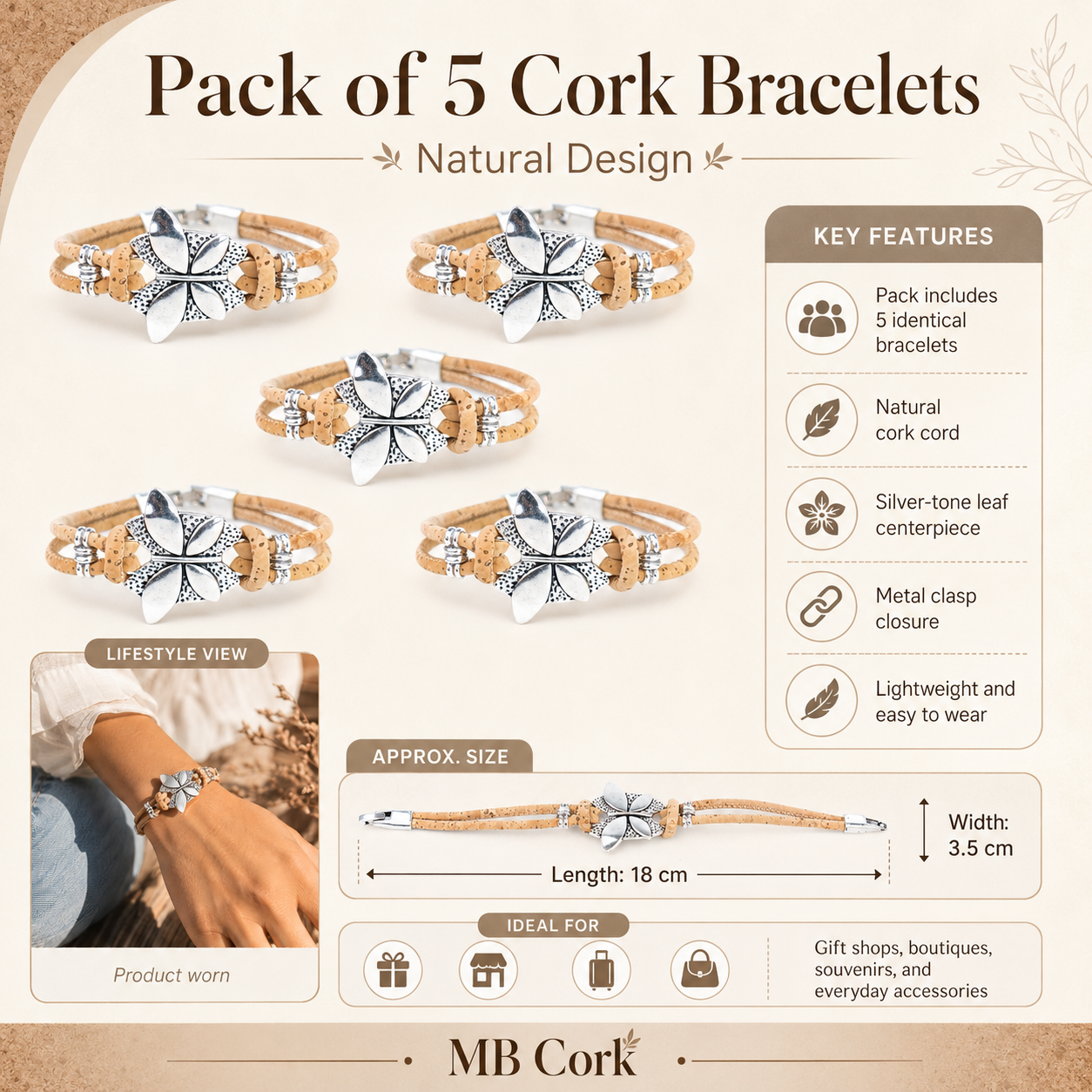 Natural Cork Bracelet with Silver-Tone Leaf Design  BR-535-A-5